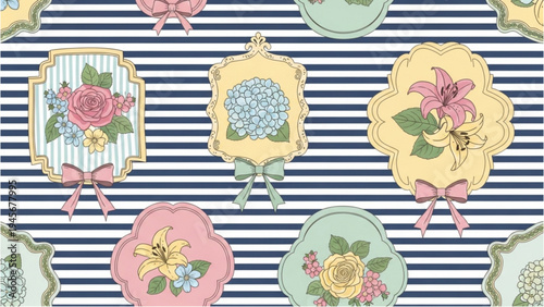 Vintage floral patterns adorn ornate frames on striped fabric background