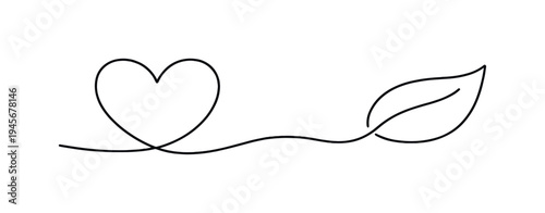 Minimalist line art of a heart connected to a leaf, symbolizing love for nature. A single continuous line forms a heart shape flowing into a delicate leaf, representing the