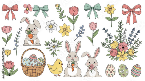 Easter bunnies and chicks play among colorful flowers and decorated eggs.