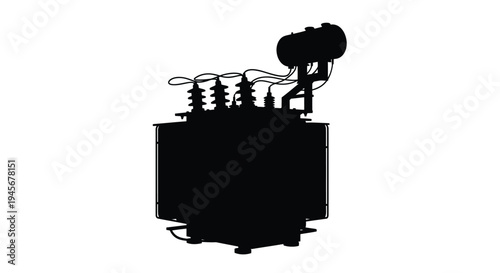 Industrial electrical transformer against a white background silhouette