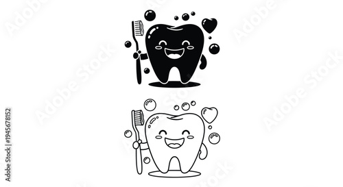 Smiling tooth character with toothbrush and hearts black silhouette