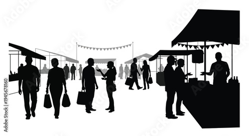 Outdoor market scene with shoppers and vendors a striking silhouette