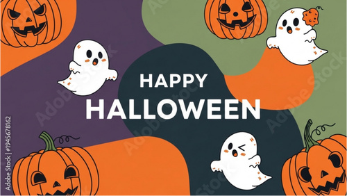 Halloween ghosts and pumpkins create spooky festive atmosphere outdoors at night