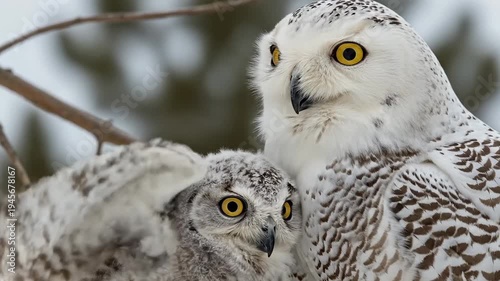 Mother snowy owl showing affection and cuddling her baby chick in a winter forest