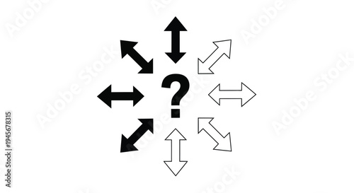 Multiple arrows point around a central question mark silhouette