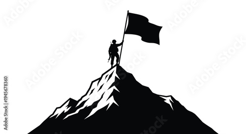 Hiker triumphantly raising a flag atop a mountain peak silhouette