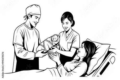 Successful Delivery Doctor and Nurse Handing Newborn to Mother Hospital Birth Teamwork Black Vector Silhouette