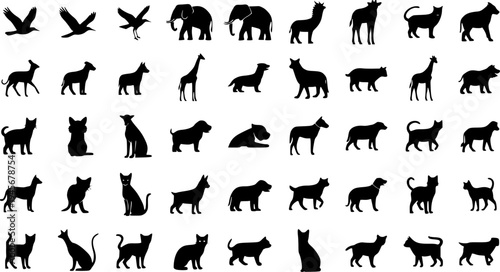 Solid black silhouettes collection of various animals, minimalist wildlife and domestic pets vector illustration isolated on white.