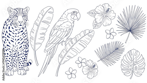 A jaguar stands beside a colorful parrot among tropical leaves and flowers.