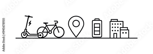 Urban micro mobility and compact transportation solutions designed for short city travel and efficient movement through dense modern environments, electric scooter, bicycle, location pin