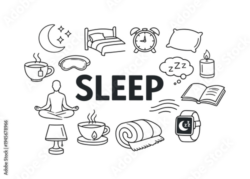 Sleep and relaxation icons arranged around the word SLEEP. A collection of hand-drawn icons representing sleep, relaxation, and bedtime routines, including a bed, pillow, alarm