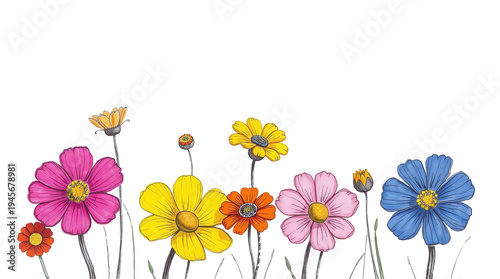 Border of pencil hand drawn flowers in various colors and shapes, including pink, yellow, orange and blue