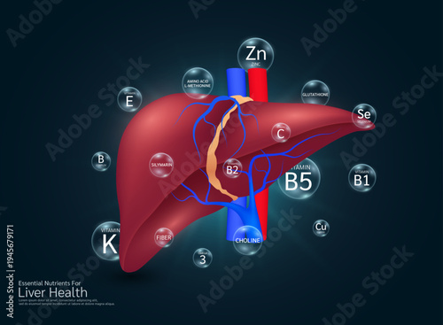 Essential nutrients for liver human. Heart organ surrounded with bubble translucent Minerals Zinc Copper Amino Choline Vitamins B5 B1. Supplement for healthy. Health care medical. Vector.