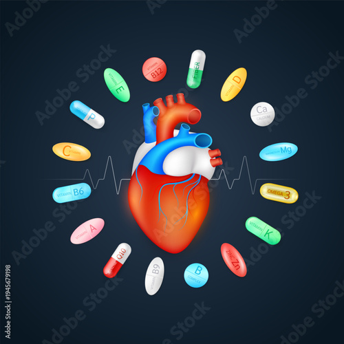 Model of the human heart is surrounded by pills capsules. Minerals Zinc Calcium Magnesium Omega 3 Vitamins B12 B6. Supplement essential nutrients for organ. Health care medical. Vector.