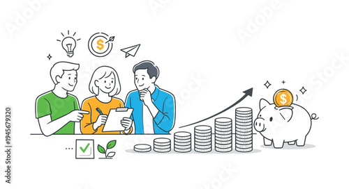 Friends planning a personal finance strategy and setting savings goals to improve financial stability and future security, visual metaphor of stacked coins forming a small upward staircase
