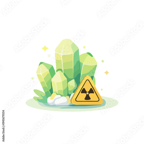 Radioactive Crystal Toxic Mineral With Radiation Warning Sign Cartoon Vector Illustration. Green Glowing Uranium Crystal Cluster With Nuclear Hazard Symbol Isolated Minimal Design