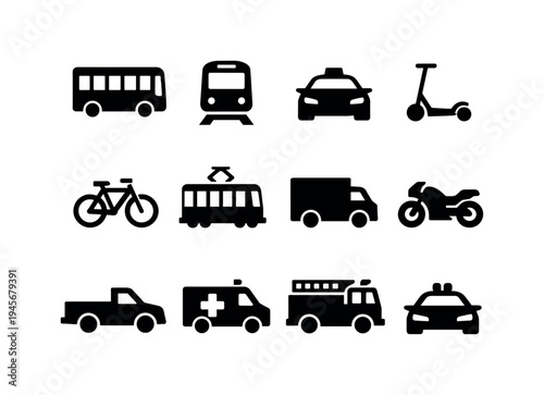 Collection of black transportation icons on a white background. A diverse set of simple black vector icons representing various modes of transport, including cars, buses, and
