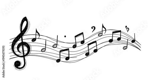 Artistic doodle of musical notation with treble clef