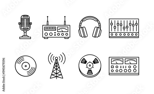 Audio equipment icons: microphone, radio, headphones, mixer, vinyl, tower, reel. A collection of line art icons representing various audio and broadcasting equipment, perfect for