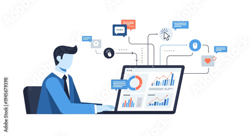 Businessman Analyzing Data on Laptop with Interconnected Icons for Digital Marketing