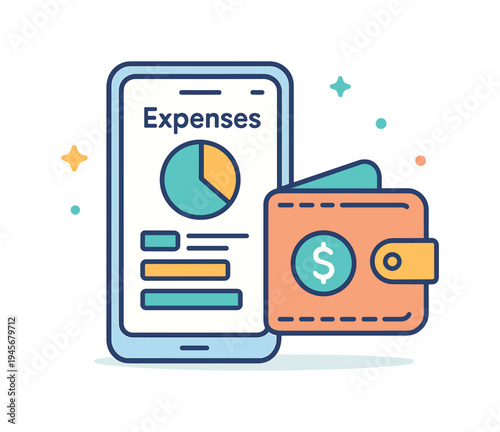 Expenses tracking on smartphone app next to a wallet with dollar coin. Digital financial management concept showing a mobile application displaying expense data alongside a wallet