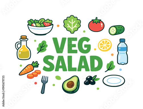 Veg salad ingredients and text illustration. A vibrant and colorful illustration featuring fresh vegetables, olive oil, and water bottle, perfect for healthy eating themes