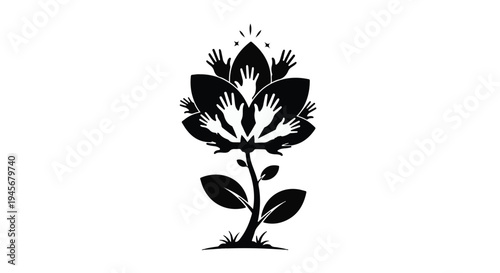 Stylized black and white graphic illustrates a flower blooming from many helping hands, symbolizing growth and community support.
