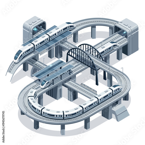 Modern High-Speed Train Network with Elevated Tracks and Bridges.