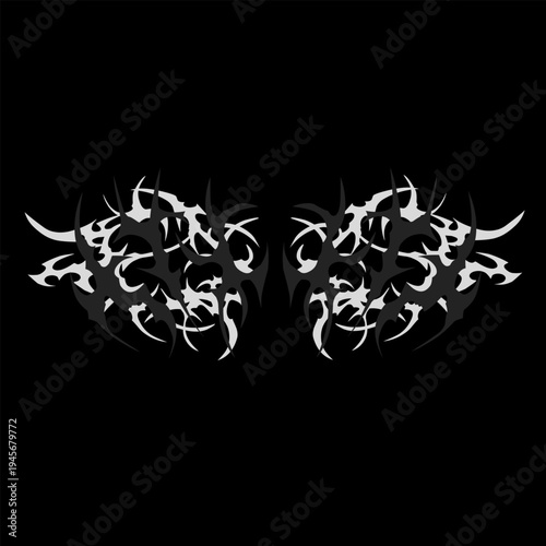 Neo tribal tattoo gothic Y2K symmetrical sticker vector for t-shirt and poster design on black background.