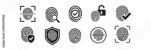 set collection digital fingerprint scanning technology with biometric identification icon.