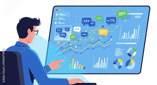 Man Analyzing Digital Business Data on a Large Screen