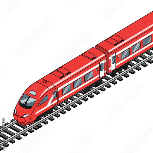 Modern Red High-Speed Train on Tracks.
