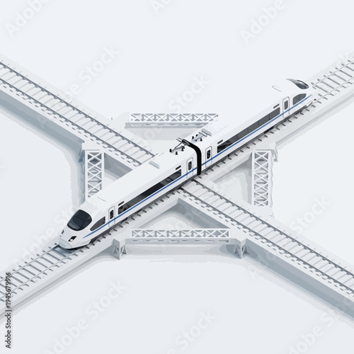 Modern White High-Speed Train on Intersecting Railway Tracks.