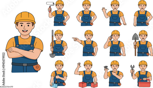Construction worker man in blue overalls character set with different gestures isolated vector illustration for industry profession