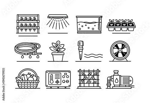 Hydroponic farming equipment and supplies for indoor gardening and agriculture. A collection of line art icons representing various elements of hydroponic systems, including grow