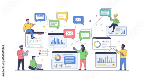 People Analyzing Digital Data and Messaging Connect for Business Analytics