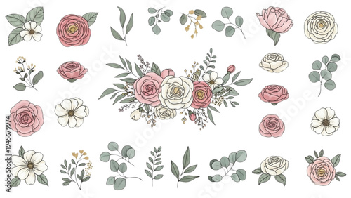 A beautiful floral arrangement with roses and leaves on a white background