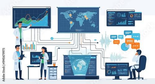 Scientists Analyzing Global Data Streams and Complex Information Flow