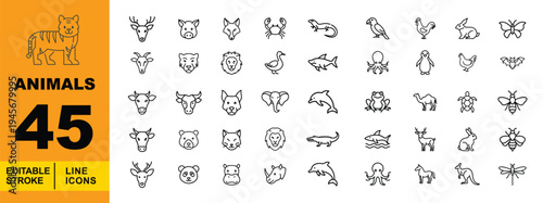 Wildlife & Wild Animals Line Icons. Editable stroke vector icons for nature and education. Featuring lions, elephants, sharks, deer, pandas, and diverse animal species for zoology or biology app UI