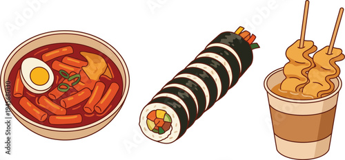 Delicious traditional Korean street food set featuring spicy tteokbokki rice cakes, fresh gimbap seaweed rolls, and warm eomuk fish cake skewers tasty snack items.