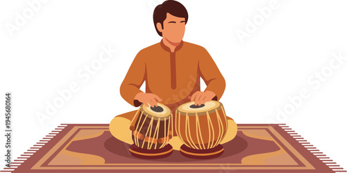 Traditional South Asian male musician sitting cross-legged on a beautifully ornate decorative rug skillfully playing classical tabla drums in a brown ethnic kurta.
