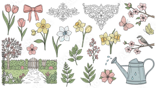 A serene garden scene with flowers, trees, birds, and a watering can.