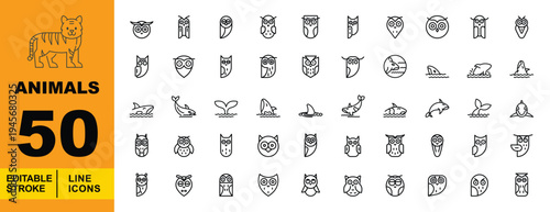 Animals and Wildlife Line Icons. Editable stroke icons for nature and marine life. Featuring various owl species, sharks, dolphins, whale tails, and aquatic animals symbols for app UI design.