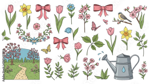 A vibrant garden scene with flowers, bows, bird, and watering can outdoors.