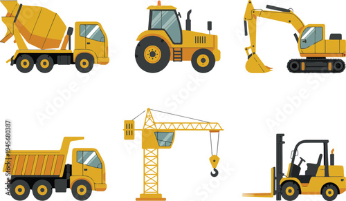 Construction machinery vector illustration set featuring excavator forklift crane dump truck concrete mixer and tractor for industrial building engineering projects