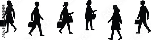 Silhouettes of diverse people walking in a line carrying shopping bags and briefcases depicting daily urban commute lifestyle and consumer culture in a modern city.