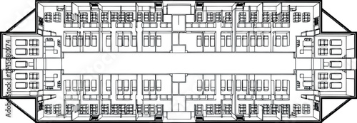 Floor plan of a large building with multiple rooms and corridors isolated on transparent background