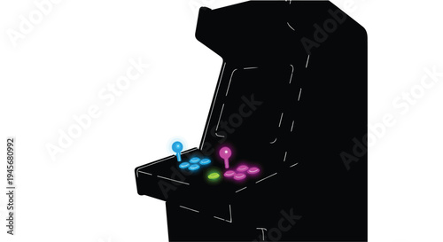 Black outline of a classic arcade cabinet features illuminated control panel buttons glowing neon blue, pink, and green on a bright white setting emphasizing retro gaming.