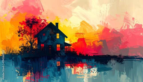 Colorful Watercolor Painting of a House by the Lake at Sunset.