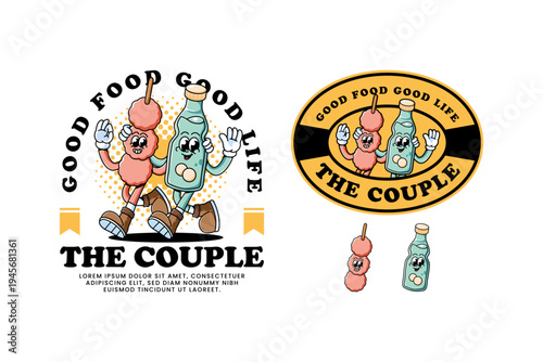 Dango rice and ramune soda character with walking together and waving hand pose for street food. Mitarashi dango and soda bottle cute cartoons for asian snack. Vector illustration